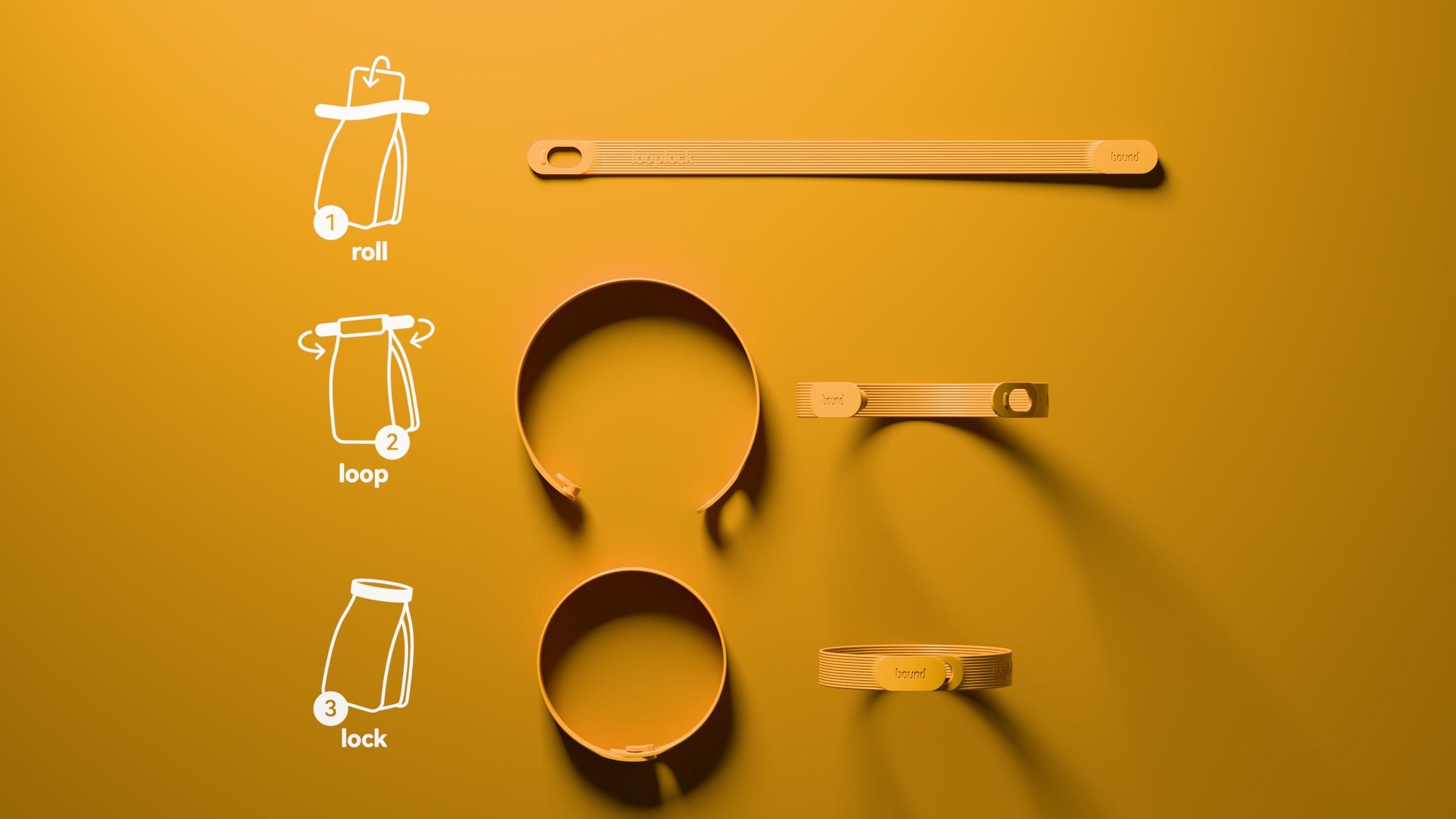 A straight Looplock, one curled round and one locked, with the roll, loop, lock steps drawn beside them