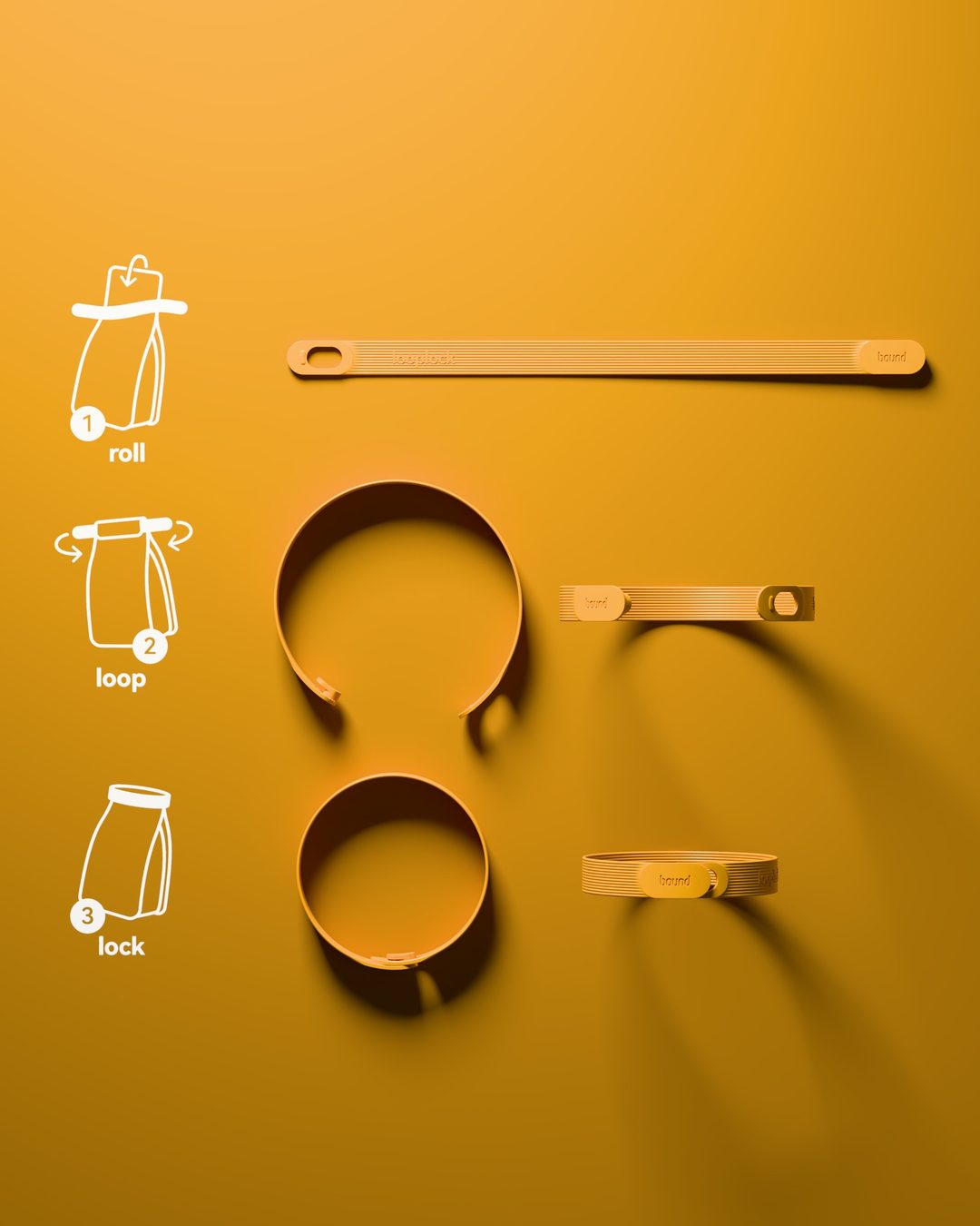 A straight Looplock, one curled round and one locked, with the roll, loop, lock steps drawn beside them