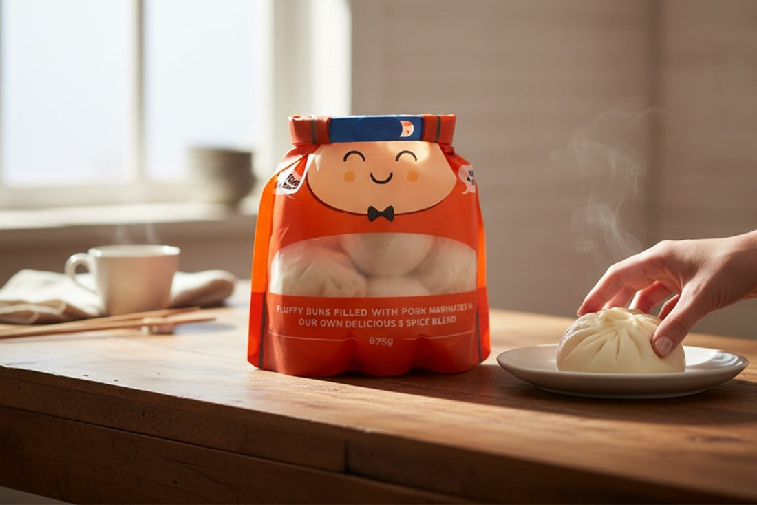 Bag of frozen dumplings sealed with a Looplock on a kitchen counter, with cooked dumpling on a plate alongside