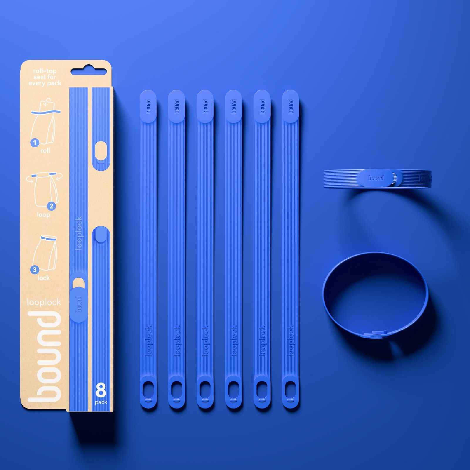Blueberry Looplocks with their 8-pack: six laid flat and two locked in a loop