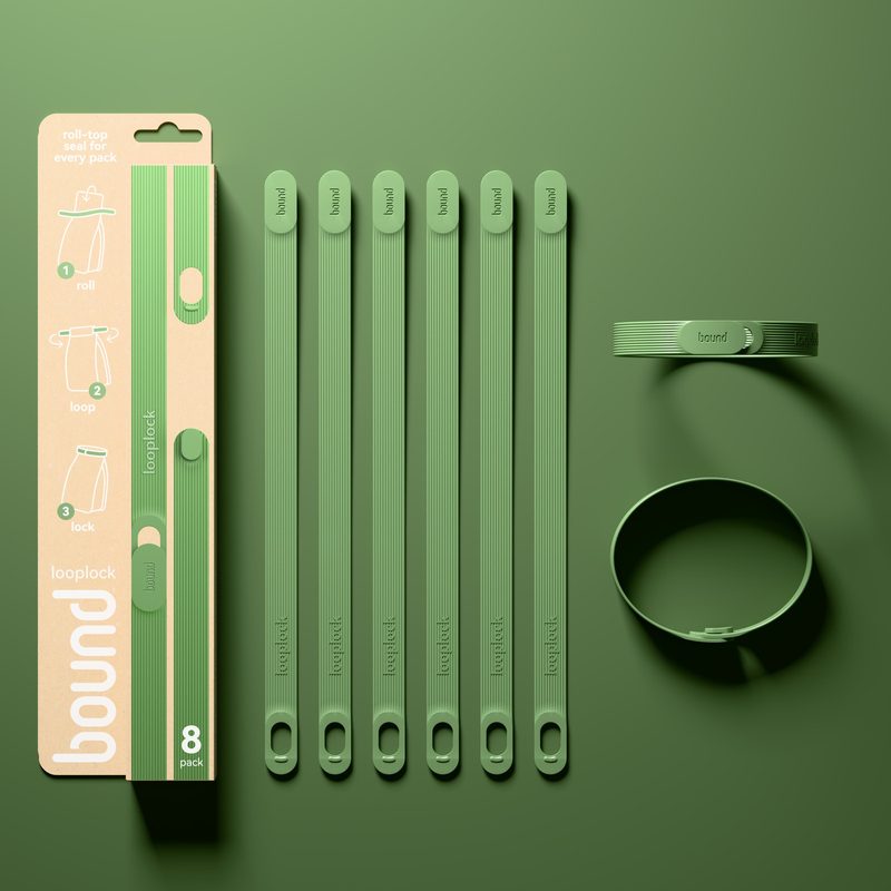 Kiwi Looplocks with their 8-pack: six laid flat and two locked in a loop